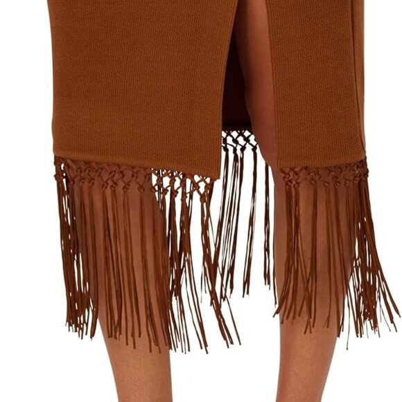 Adrianna Papell Knit Fringe Trim Midi Dress – Light Brown – NWT – Size 8 - Picture 4 of 5